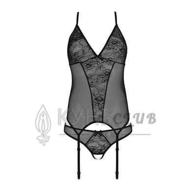 Корсет із пажами, трусики з ажурним декором та відкритим кроком Passion URSULA CORSET L/XL, black 103733 фото