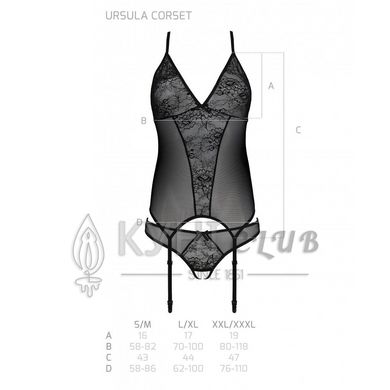 Корсет із пажами, трусики з ажурним декором та відкритим кроком Passion URSULA CORSET L/XL, black 103733 фото