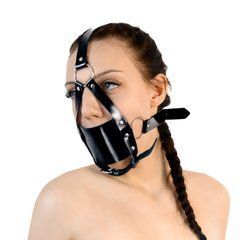 Кляп-маска з пластиковою кулею Art of Sex - Slave, Натуральна шкіра, колір Чорний 107675 фото