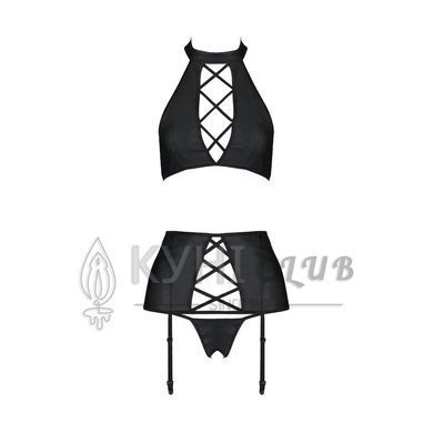 Комплект из экокожи Passion NANCY SET 6XL/7XL black, имитация шнуровки, топ, пояс для чулок 105028 фото