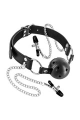 Повітропроникний кляп із затискачами для сосків Fetish Tentation Rigid Gag Ball with Nipple Clamps 102046 фото