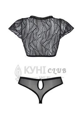 Комплект Passion LEAFA BIKINI black S/M, бюстгальтер-топ з рукавчиками, стрінги-шортики з вирізом 108520 фото
