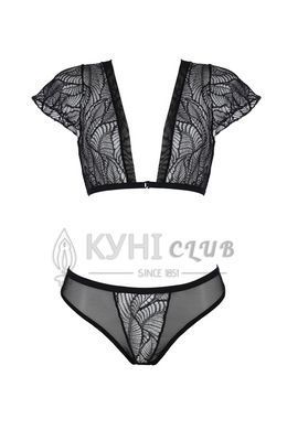 Комплект Passion LEAFA BIKINI black S/M, бюстгальтер-топ з рукавчиками, стрінги-шортики з вирізом 108520 фото