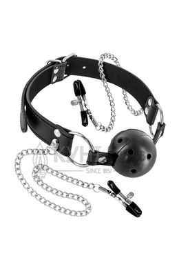 Повітропроникний кляп із затискачами для сосків Fetish Tentation Rigid Gag Ball with Nipple Clamps 102046 фото