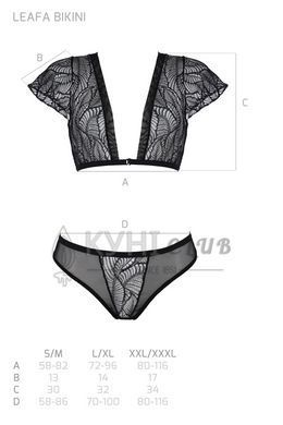 Комплект Passion LEAFA BIKINI black S/M, бюстгальтер-топ з рукавчиками, стрінги-шортики з вирізом 108520 фото