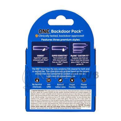 Презервативи ONE Backdoor, 3 шт, 3 види, картонне паковання 109837 фото