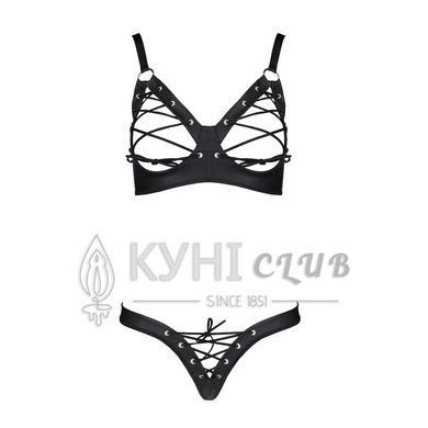 Комплект з екошкіри Passion CELINE BIKINI 6XL/7XL black, відкритий бра, стрінги зі шнурівкою 104970 фото