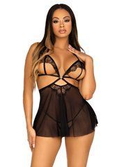 Сорочка бебі-дол з відкритими чашками Leg Avenue Lace and mesh babydoll & panty Black S, стрінги 107180 фото