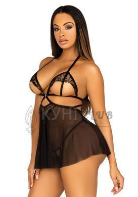 Сорочка беби-долл с открытыми чашками Leg Avenue Lace and mesh babydoll & panty Black S, стринги 107180 фото