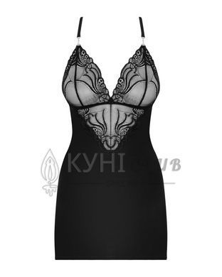 Сатиновый комплект для сна с кружевом Obsessive 828-CHE-1 chemise & thong L/XL, черный, сорочка 105156 фото