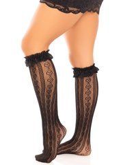 Гольфы ажурные Leg Avenue Sweetheart Ruffle Cuff Knee Highs, черные, с рюшами, рисунок-сердечки 110080 фото