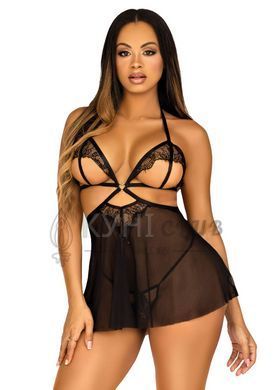 Сорочка бебі-дол з відкритими чашками Leg Avenue Lace and mesh babydoll & panty Black L, стринги 107182 фото