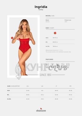 Боді з доступом Obsessive Ingridia crotchless teddy XS/S, червоне, відкриті груди 107046 фото