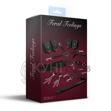 Набір Feral Feelings BDSM Kit 7 Black, наручники, поножі, конектор, маска, падл, кляп, затискачі 106252 фото