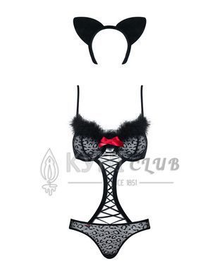Эротический костюм гепарда Obsessive Gepardina 3 pcs costume L/XL, черный, меховая отделка, монокини 105261 фото