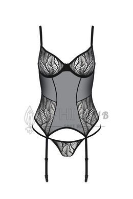 Корсет Passion LEAFA CORSET black, XXL/XXXL, мягкие чашки, зажимы для чулок, стринги в комплекте 108527 фото