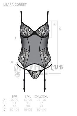 Корсет Passion LEAFA CORSET black, XXL/XXXL, мягкие чашки, зажимы для чулок, стринги в комплекте 108527 фото