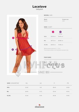 Прозрачная сорочка бэби-долл Obsessive Lacelove babydoll & thong XS/S Red, кружево, стринги 106648 фото