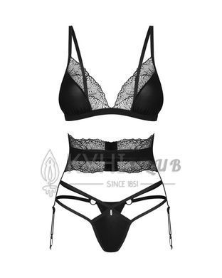 Комплект Obsessive Lobellis 3-pcs set, XS/S, черный, лиф с мягкой чашкой, стринги, пояс для чулок 109972 фото