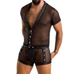 Комплект сітчастої чоловічої білизни Passion 052 SET MICHAEL L/XL black, сорочка, боксери, заклепки 105601 фото
