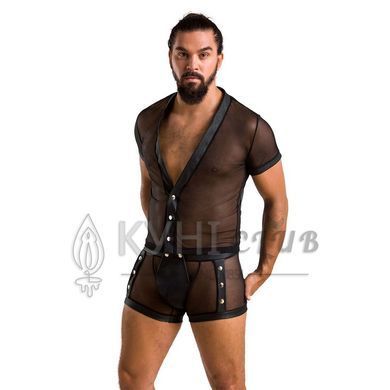 Комплект сетчатого мужского белья Passion 052 SET MICHAEL S/M black, рубашка, боксеры, заклепки 105602 фото