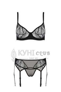 Комплект Passion LEAFA SET black, L/XL, мереживо+сітка, бюстгальтер на кісточках, стрінги, пояс для 108531 фото