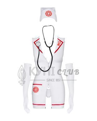 Еротичний костюм медсестри Obsessive Emergency dress S/M, white, сукня, стринги, рукавички, чепчик, 105682 фото