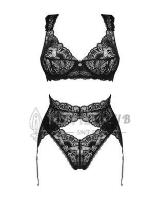 Комплект білизни Obsessive Donna Dream 3-pcs set XS/S Black, бюстгальтер, стрінги, пояс для панчіх 106638 фото