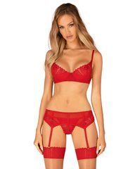 Комплект Obsessive Ingridia 3-pcs set XS/S, червоний, бюстгальтер, стрінги, пояс 107055 фото