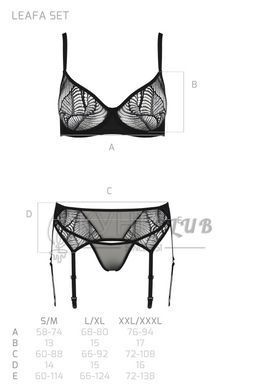 Комплект Passion LEAFA SET black S/M, кружево+сетка, бюстгальтер на косточках, стринги, пояс для чулок 108532 фото