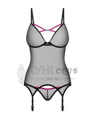 Корсет Obsessive Novenes corset & thong, M/L, прозорий, відкрита спина, стрінги в комплекті 109669 фото