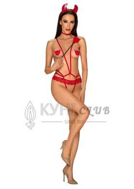 Эротический костюм чертика из стреп Obsessive Evilia teddy red S/M, боди, чокер, накладки на соски, 105684 фото