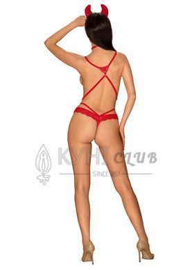 Эротический костюм чертика из стреп Obsessive Evilia teddy red S/M, боди, чокер, накладки на соски, 105684 фото