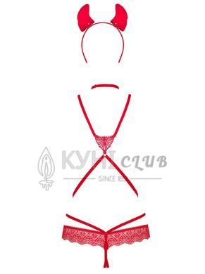 Эротический костюм чертика из стреп Obsessive Evilia teddy red S/M, боди, чокер, накладки на соски, 105684 фото