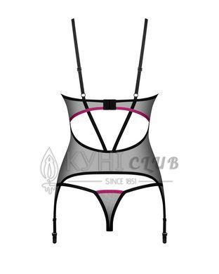 Корсет Obsessive Novenes corset & thong, XL/2XL, прозорий, відкрита спина, стрінги в комплекті 109670 фото
