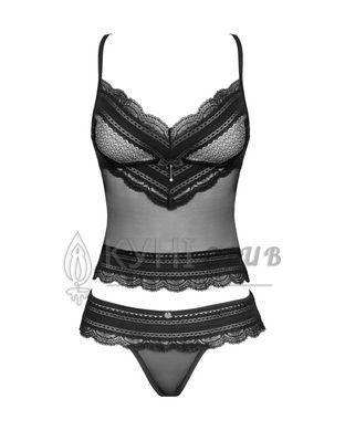 Полупрозрачный набор с украшениями Obsessive Ivannes top & thong 2XL/3XL, черный, топ и танга 105269 фото