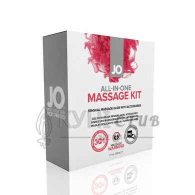 Набір для масажу JO ALL IN ONE MASSAGE GIFT SET: розігрівальний гель, масажер і свічка 108995 фото