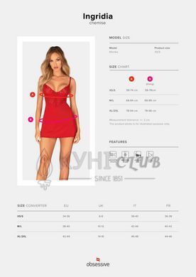 Пеньюар Obsessive Ingridia chemise & thong XS/S, червоний, сорочка, стрінги 107057 фото