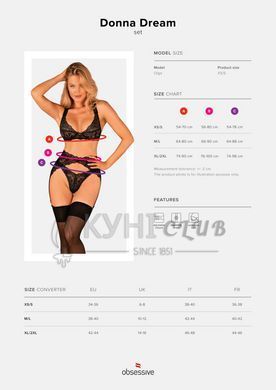 Комплект білизни Obsessive Donna Dream 3-pcs set XL/2XL Black, бюстгальтер, стрінги, пояс для панчіх 106640 фото