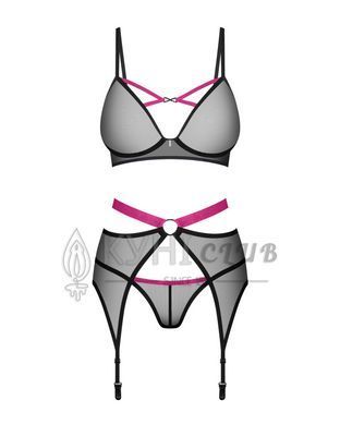 Комплект Obsessive Novenes 3-pcs set, XS/S, прозрачный лиф на косточках, стринги, пояс 109671 фото