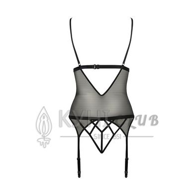 Корсет з відкритими грудьми Passion DIABOLINA CORSET L/XL, black, пажі, трусики, напівпрозорий 109105 фото