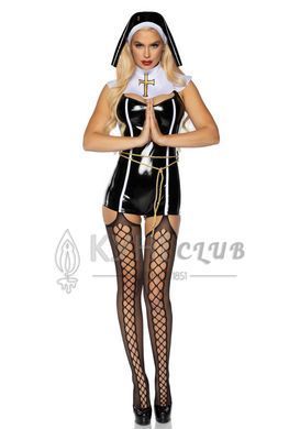 (SALE) Вініловий костюм черниці Leg Avenue Sinful Sister XS, комбінезон, комір, пояс, головний убір 106524 фото