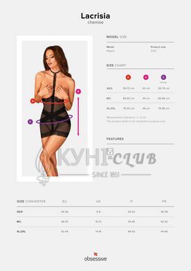 Полупрозрачная сорочка с открытой грудью Obsessive Lacrisia chemise XL/2XL, черная, с чокером 105272 фото