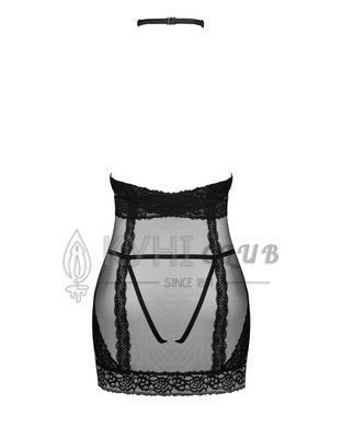 Полупрозрачная сорочка с открытой грудью Obsessive Lacrisia chemise XL/2XL, черная, с чокером 105272 фото