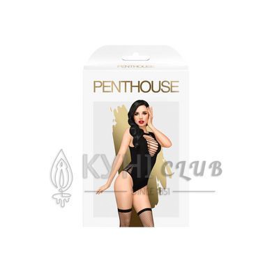 Боді Penthouse Hotter Than Hell XL Black, непрозоре, вирізи, декольте, імітація шнурівки, панчохи 104408 фото