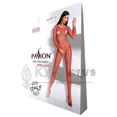Бодистокинг Passion BS068 red, комбинезон, крупная сетка, длинный рукав 102579 фото