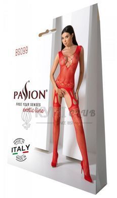 Бодістокінг з плетінням на грудях Passion BS099 One Size, red, відкритий доступ, імітація підв&rsquo;язок 106956 фото