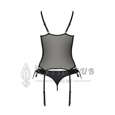 Корсет зі шнурівкою Passion NESSY CORSET L/XL black, стрінги з відкритим доступом, пажі для панчіх 106324 фото