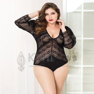Мереживне боді JSY &laquo;Спокуслива Мері&raquo; Plus Size, Black, рукави-ліхтарики, дрібна сітка 106409 фото