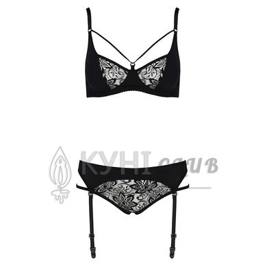 Комплект білизни Passion PAULINE SET L/XL, black, стрепи, ліф, стрінги і пояс для панчох 109518 фото